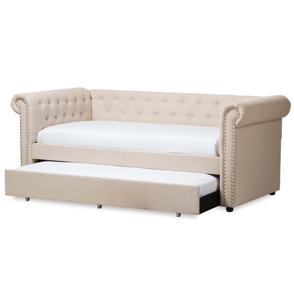 Light Beige Upholstered Twin Daybed with Trundle P80802