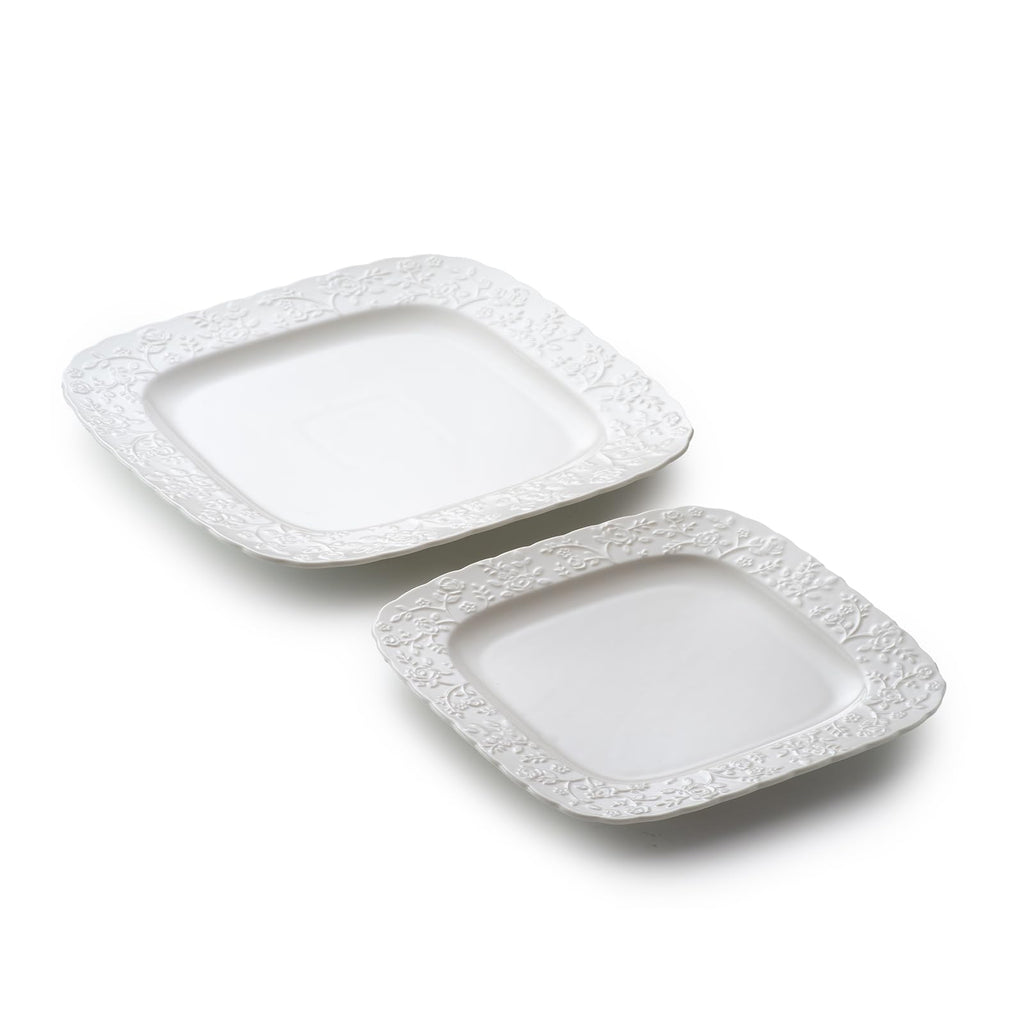 Ceramic Square Dinner Plates Set of 4, 10 & 12 Inch Embossed Salad Plates C517