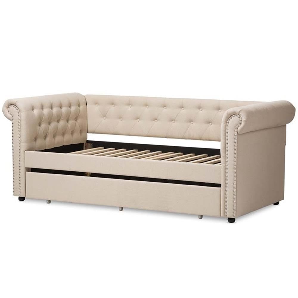 Light Beige Upholstered Twin Daybed with Trundle P80802