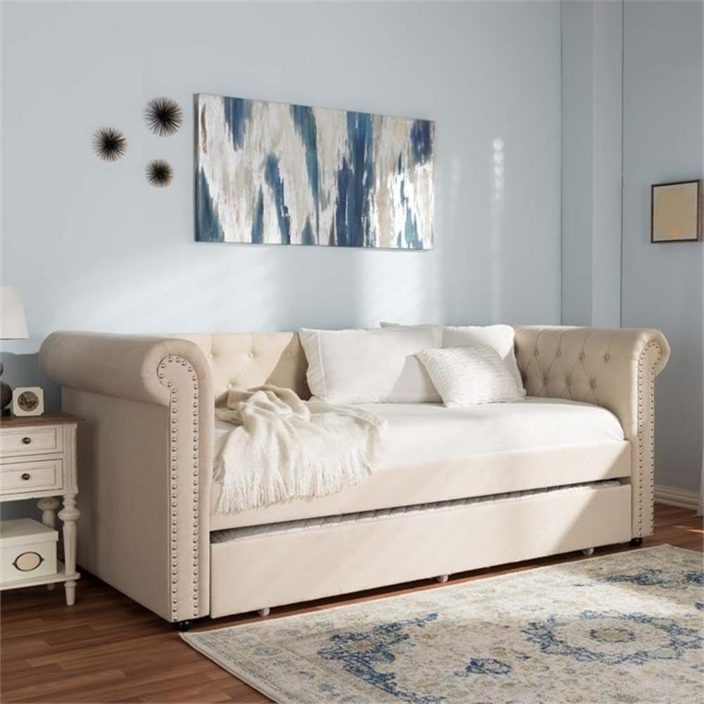 Light Beige Upholstered Twin Daybed with Trundle P80802