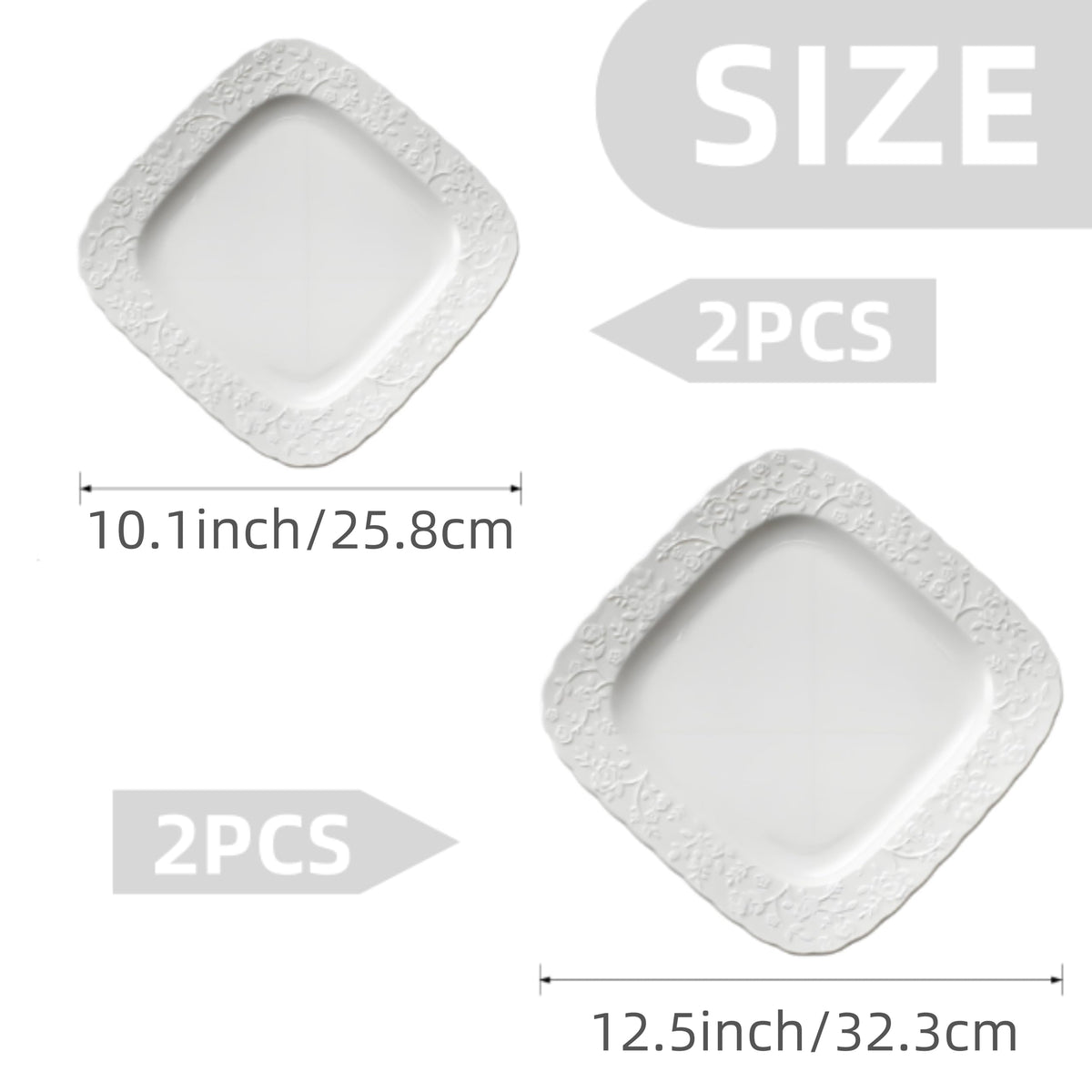 Ceramic Square Dinner Plates Set of 4, 10 & 12 Inch Embossed Salad Plates C517