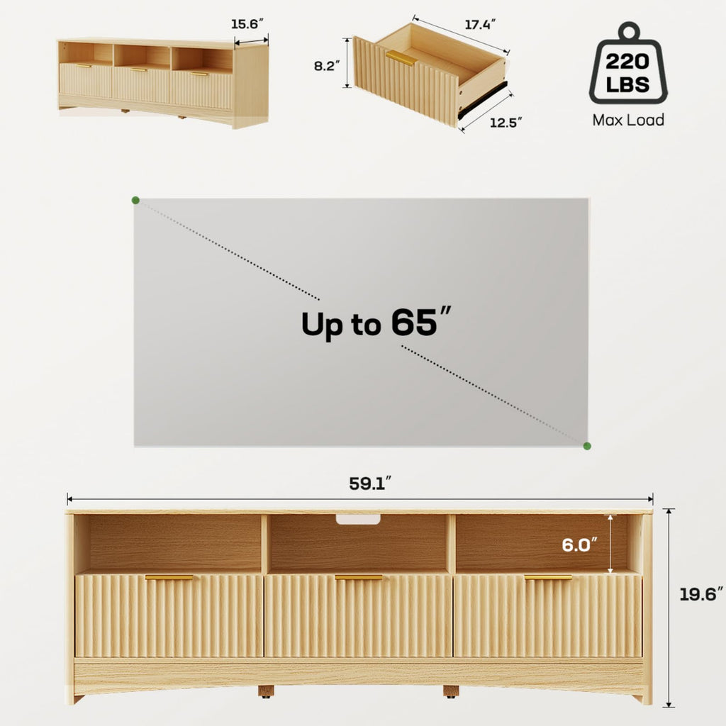 Oak Fluted TV Stand for 65 inch TV with Drawers X9194
