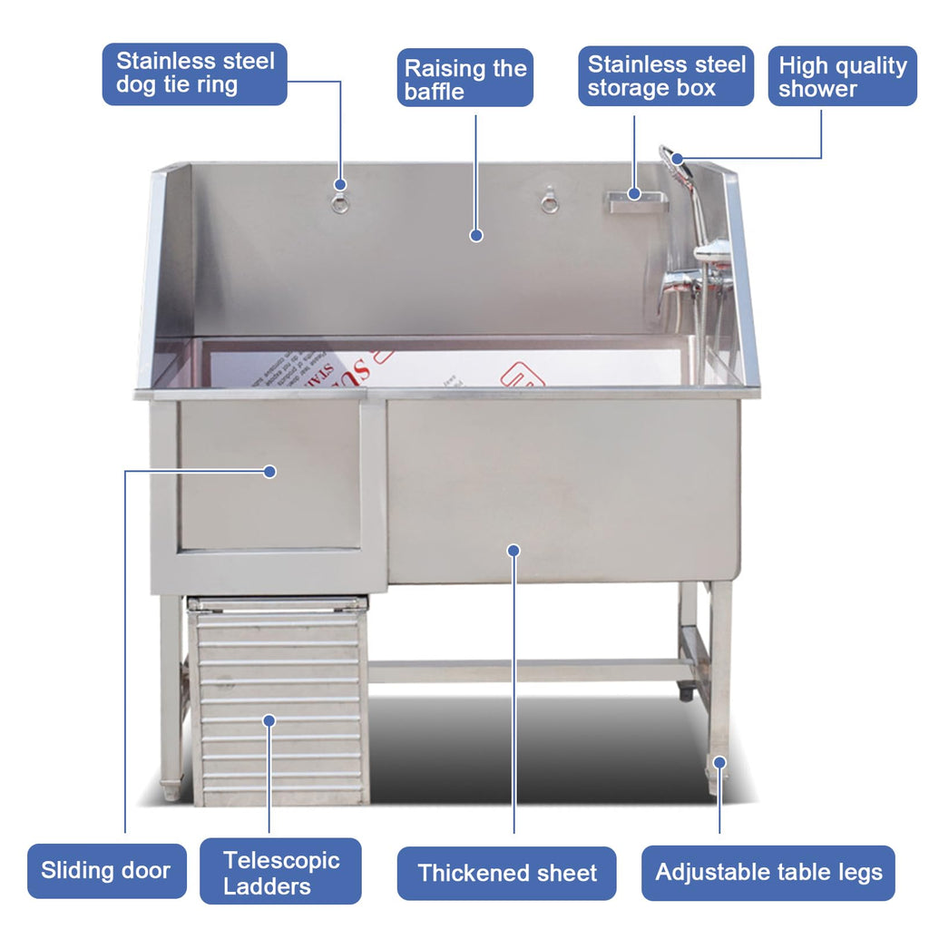 Stainless Steel Dog Grooming Station with Non-Slip Stairs & Sliding Door L966