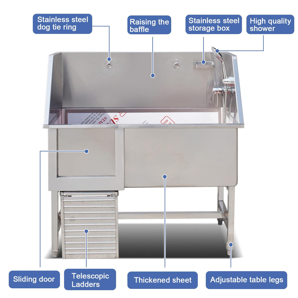 Stainless Steel Dog Grooming Station with Non-Slip Stairs & Sliding Door L966