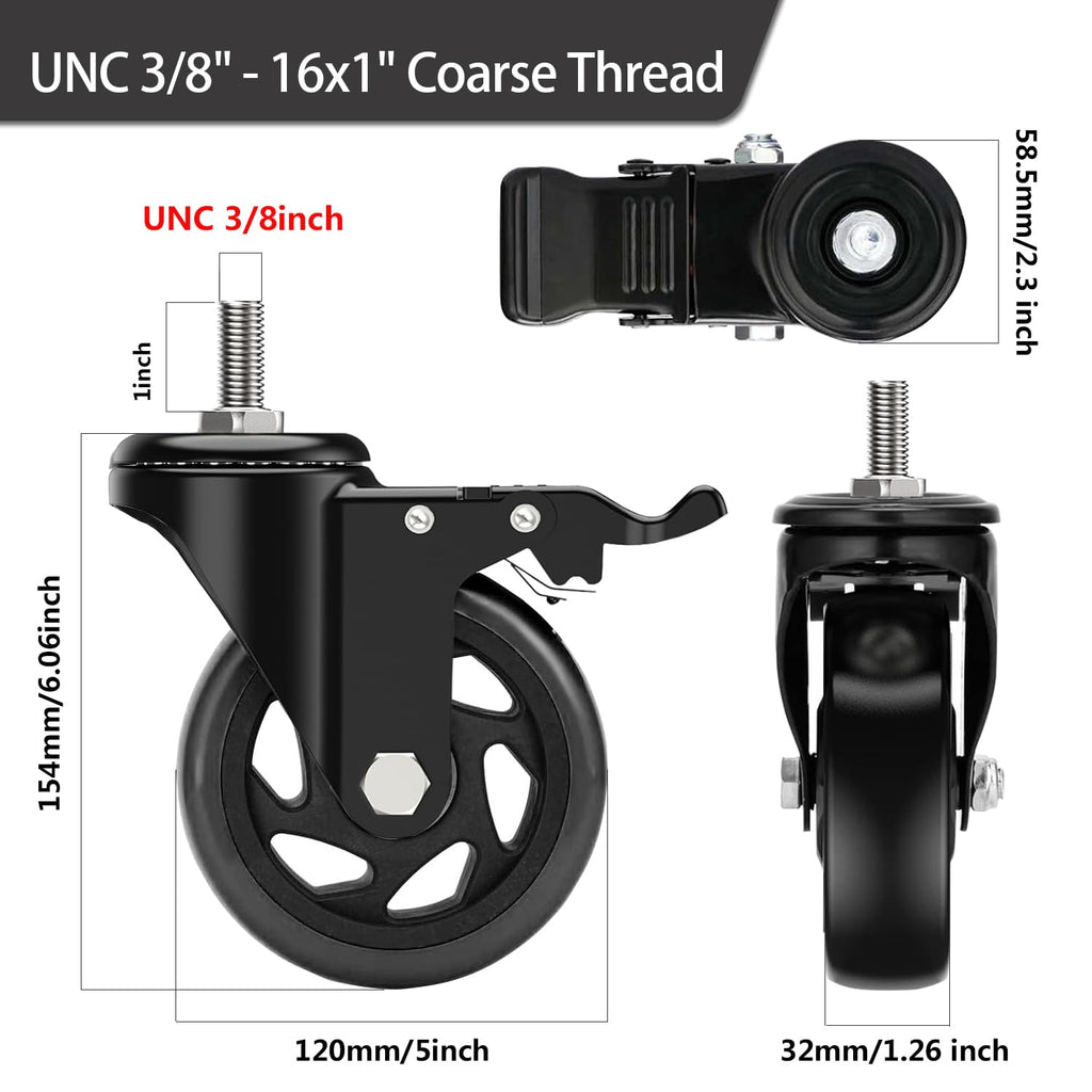 5 Inch Swivel Threaded Stem Casters Set of 4 Heavy Duty 2400lbs Black B9219