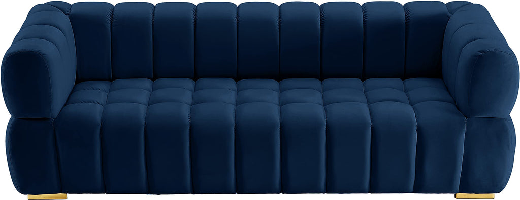 Navy Velvet Upholstered Sofa with Deep Biscuit Tufting W5277