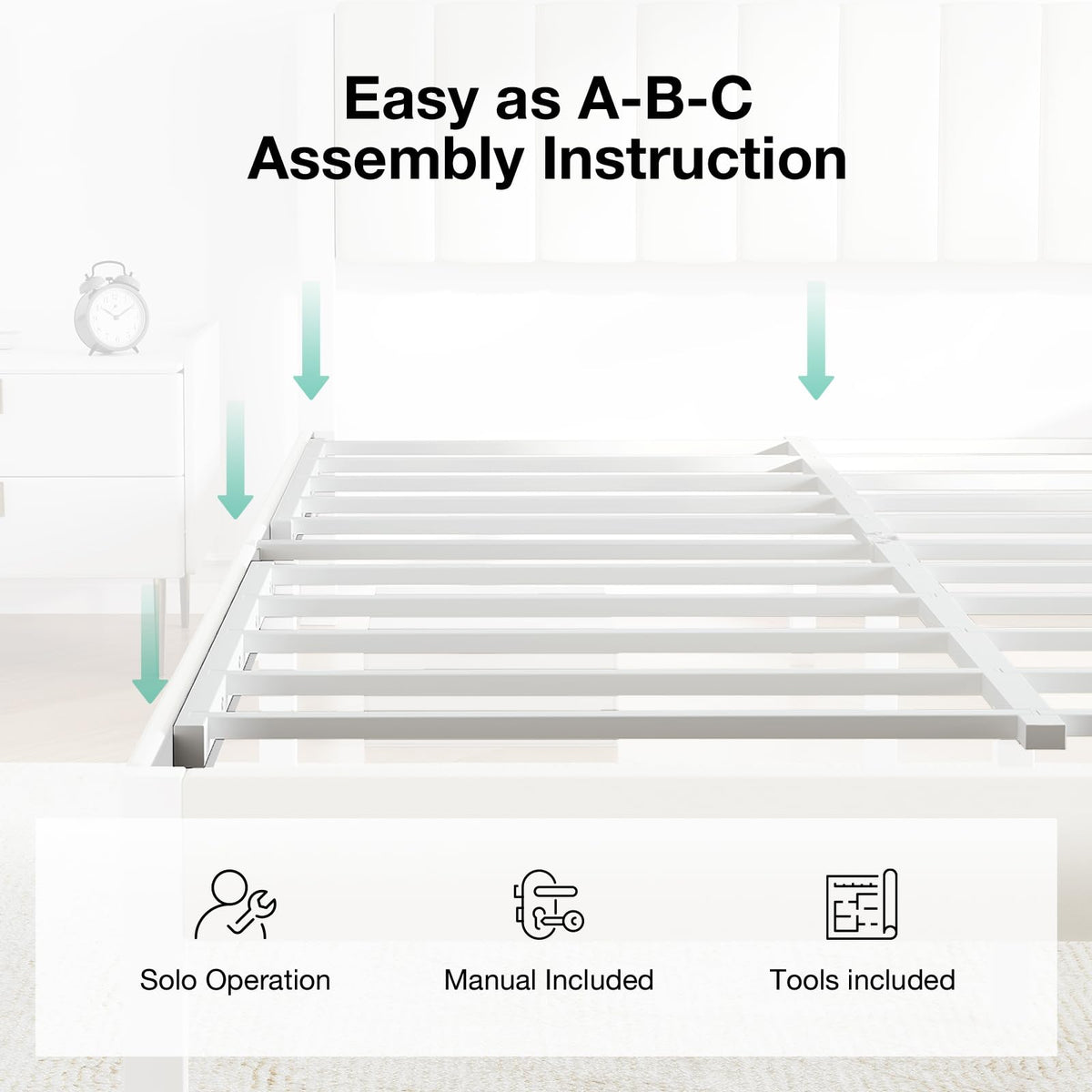 Full Size Metal Platform Bed Frame with Velvet White Headboard Y243710