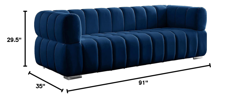 Navy Velvet Upholstered Sofa with Deep Biscuit Tufting W5277