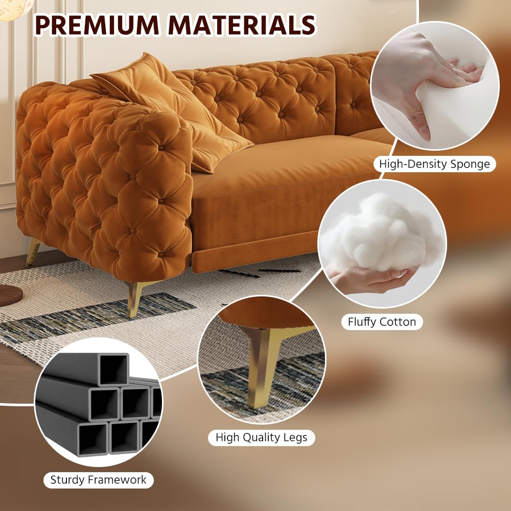 Orange Velvet 4-Seater Convertible Sleeper Sofa with Ottoman Z96488