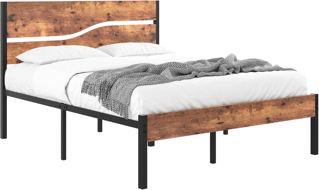 Full Size Metal Platform Bed with Wooden Headboard and Footboard W744088