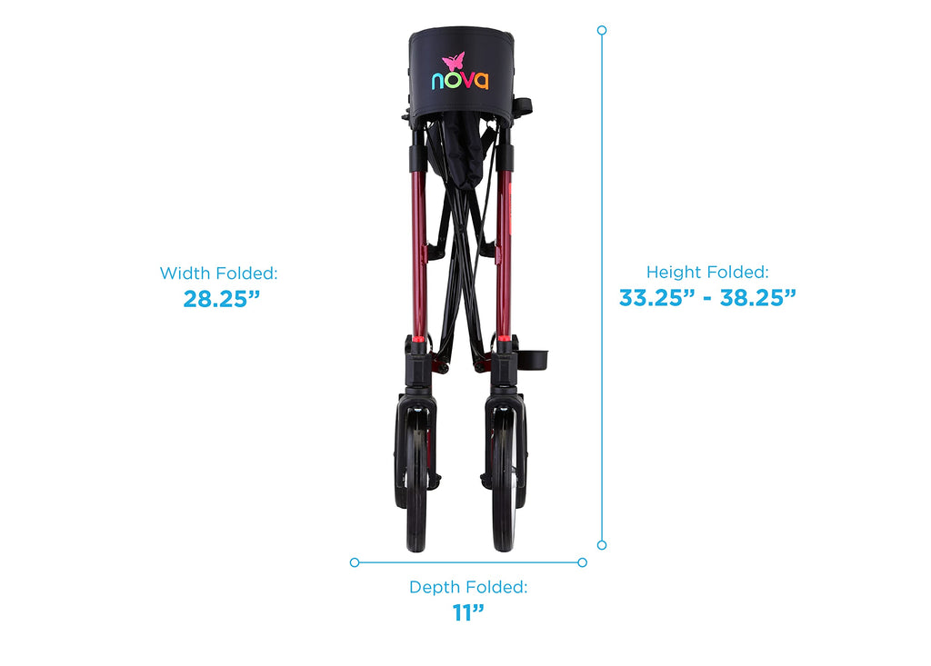 Red Compact Foldable Rollator Walker with Cane Holder B9375