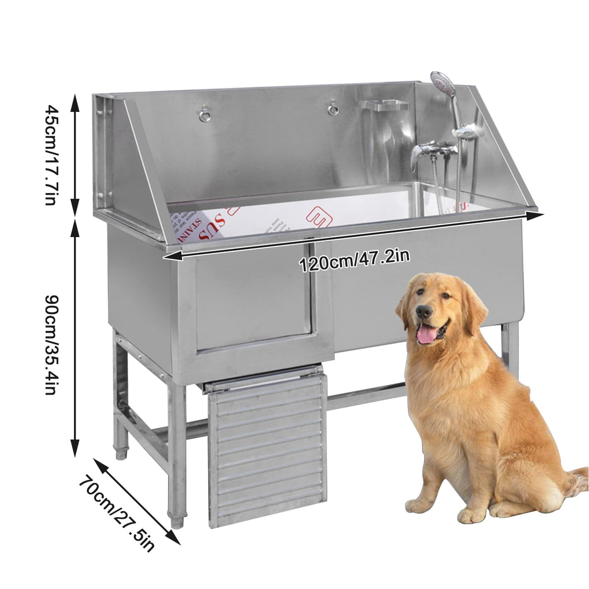 Stainless Steel Dog Grooming Station with Non-Slip Stairs & Sliding Door L966