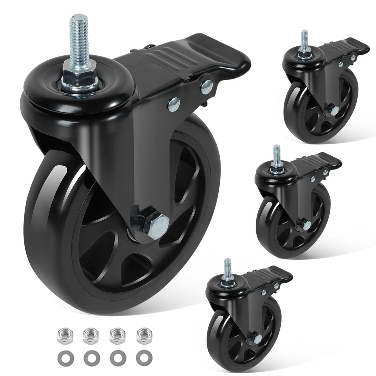 5 Inch Swivel Threaded Stem Casters Set of 4 Heavy Duty 2400lbs Black B9219