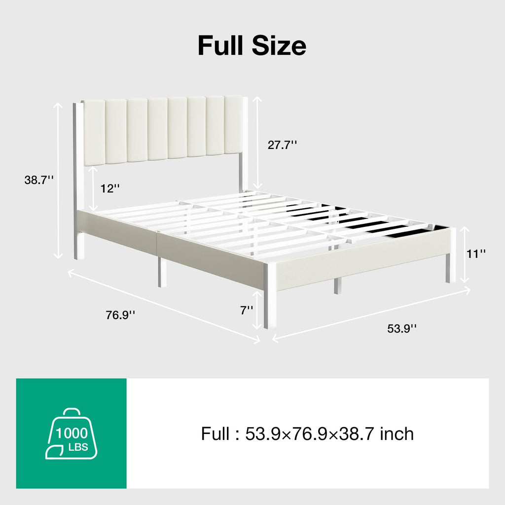 Full Size Metal Platform Bed Frame with Velvet White Headboard Y243710