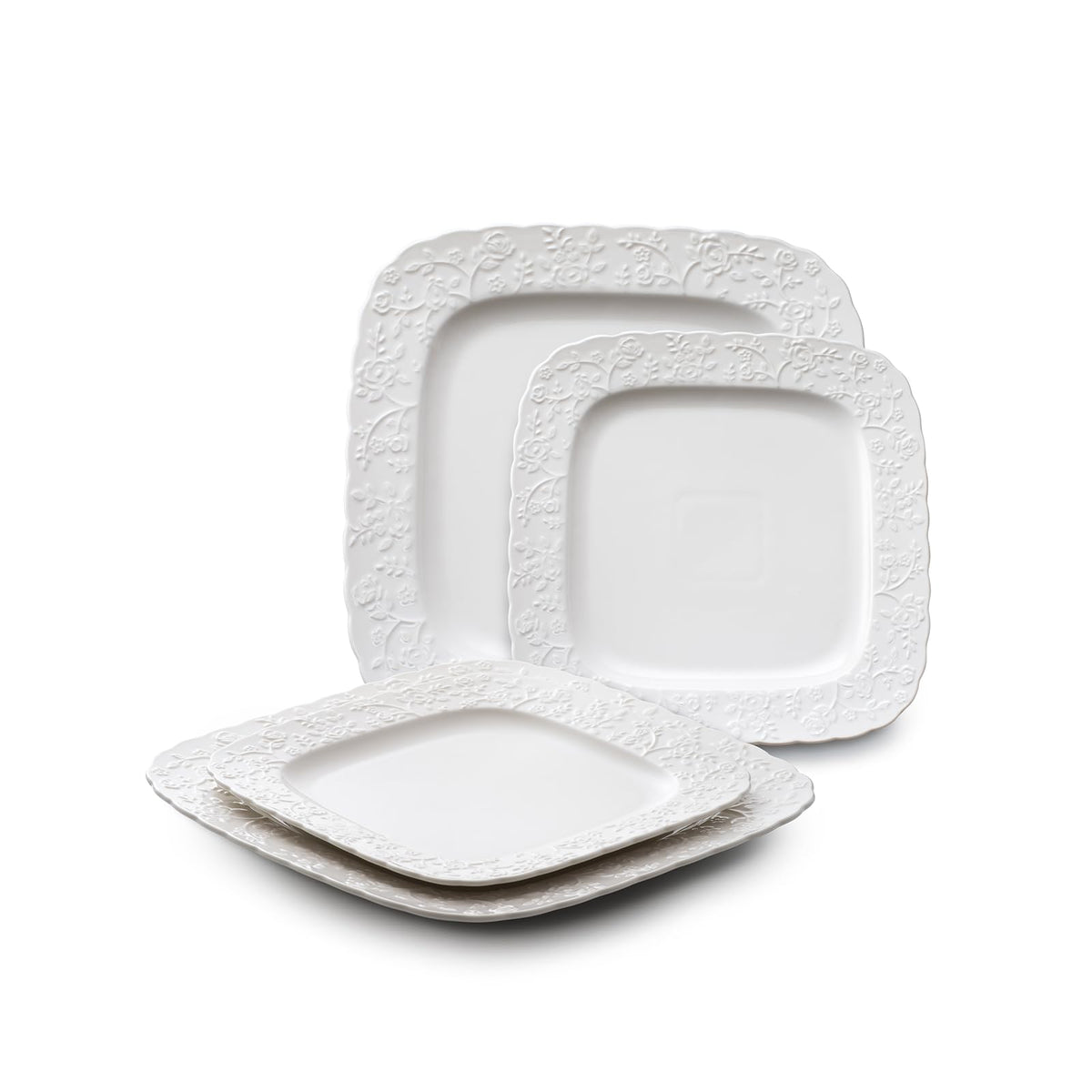 Ceramic Square Dinner Plates Set of 4, 10 & 12 Inch Embossed Salad Plates C517