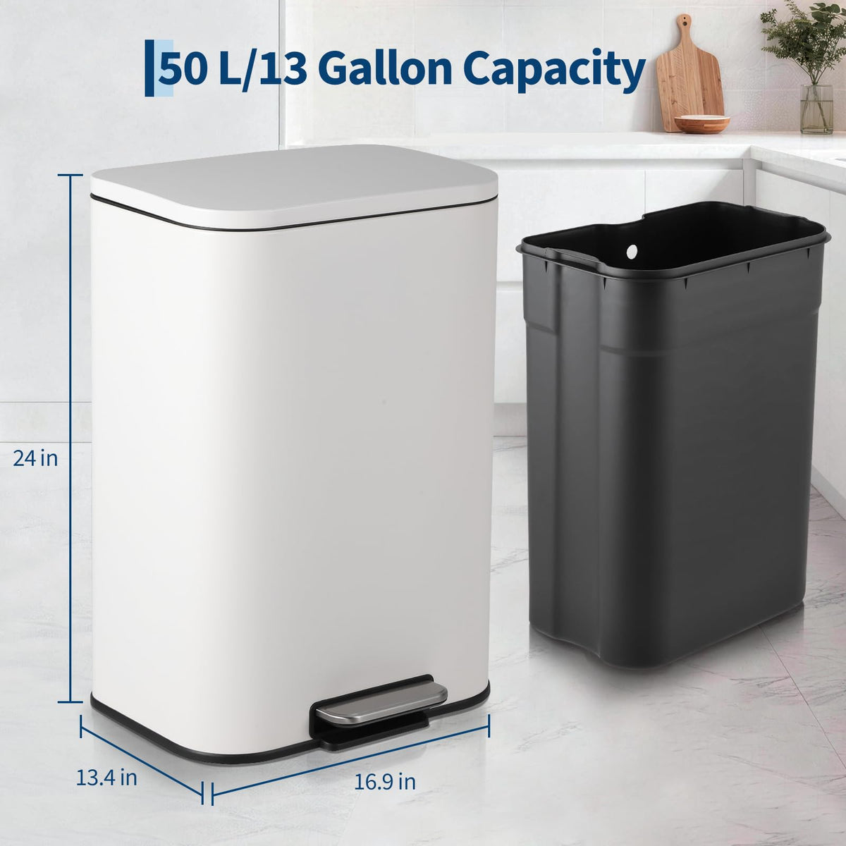 50L Stainless Steel Step Trash Can with Soft-Close Lid D89187