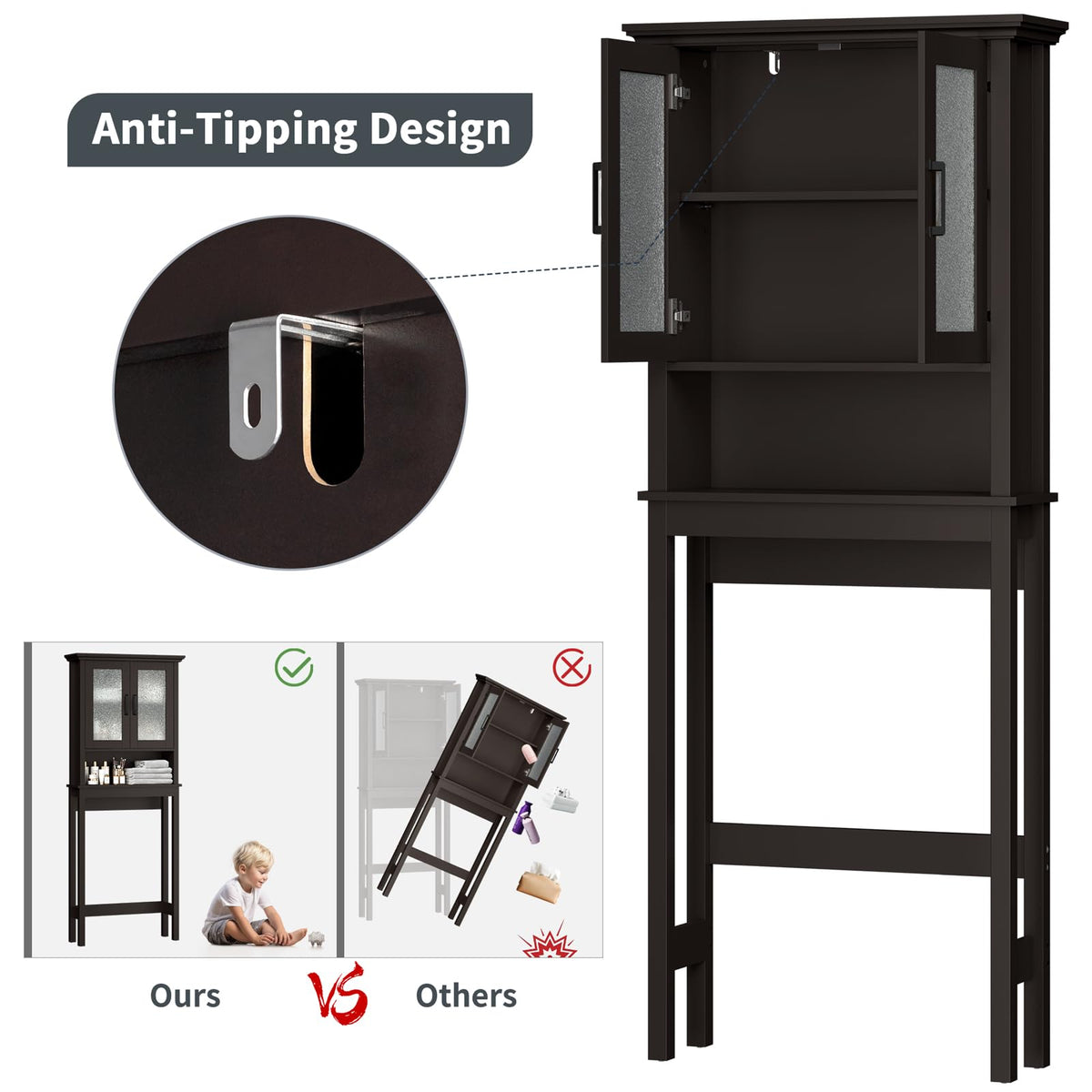 Over Toilet Storage Cabinet with Glass Doors and Adjustable Shelf M37783