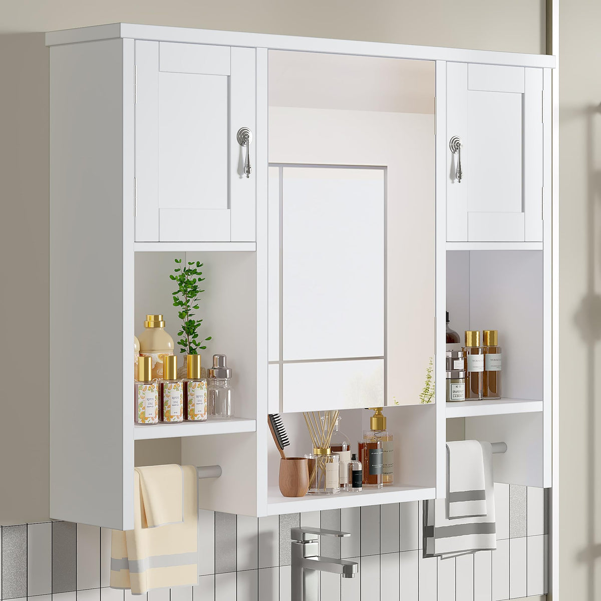 Large White Wall Mounted Bathroom Cabinet with Mirror D734089