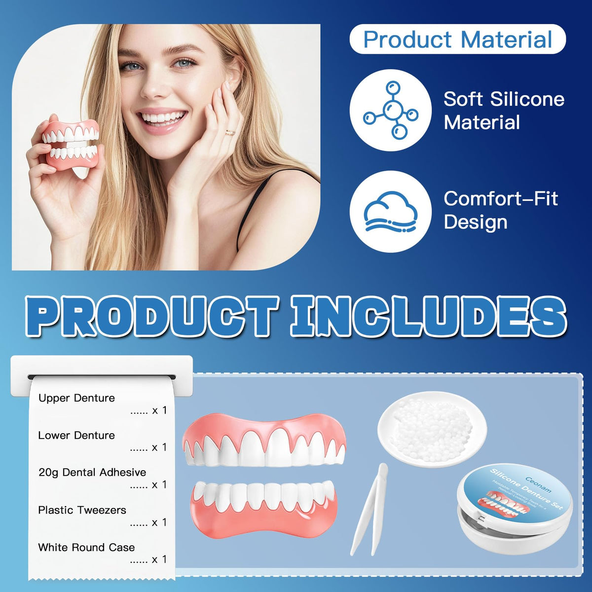 Moldable False Teeth Dentures Set with Dental Adhesive Beads W37275