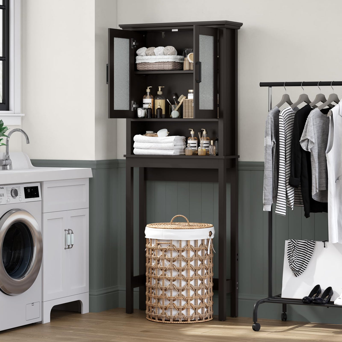 Over Toilet Storage Cabinet with Glass Doors and Adjustable Shelf M37783