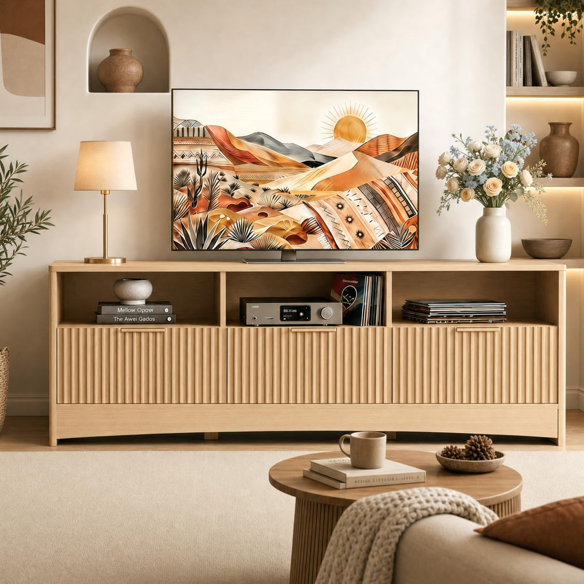 Oak Fluted TV Stand for 65 inch TV with Drawers X9194