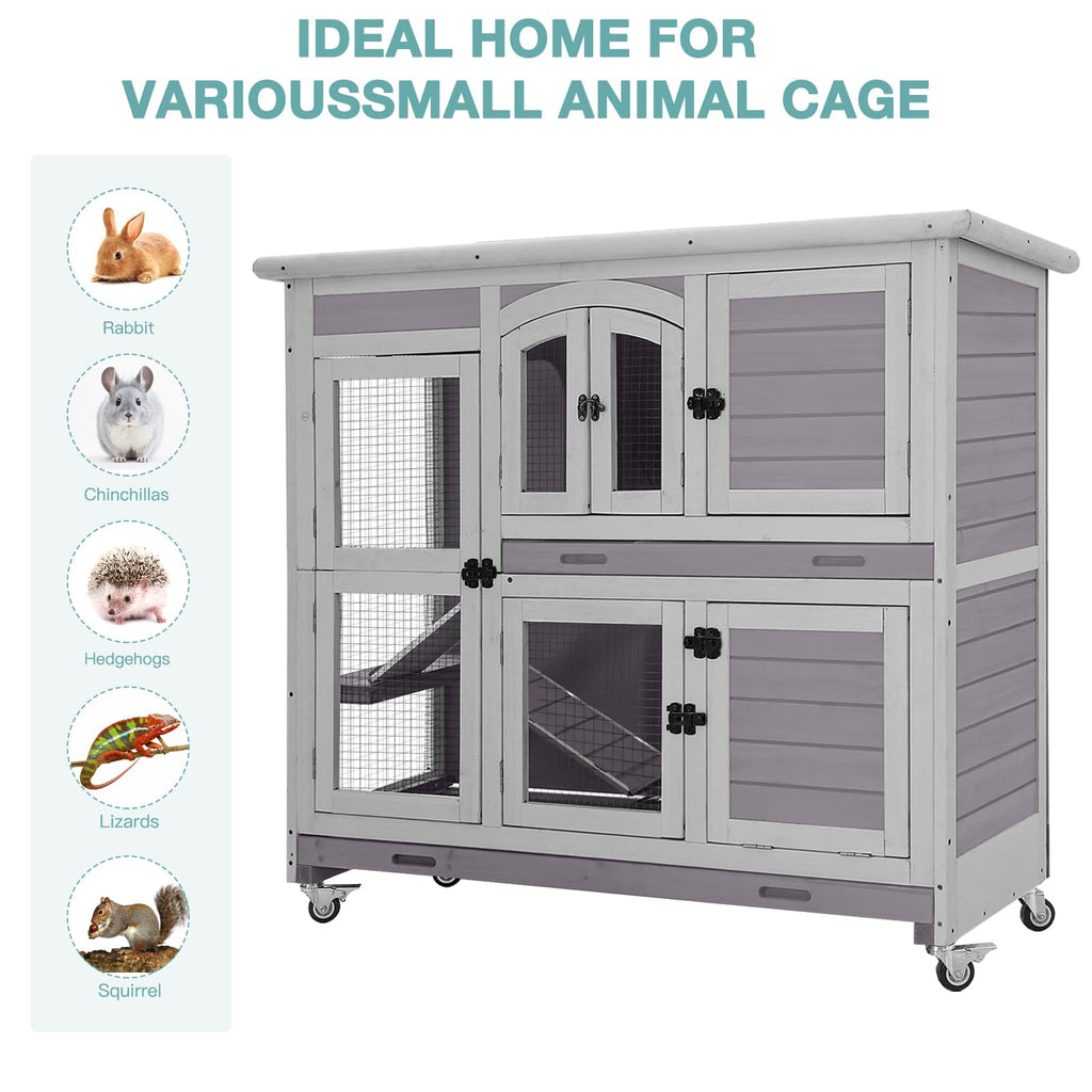 2-Tier Wooden Small Animal Cage with Trays, Wheels & Ramp W958