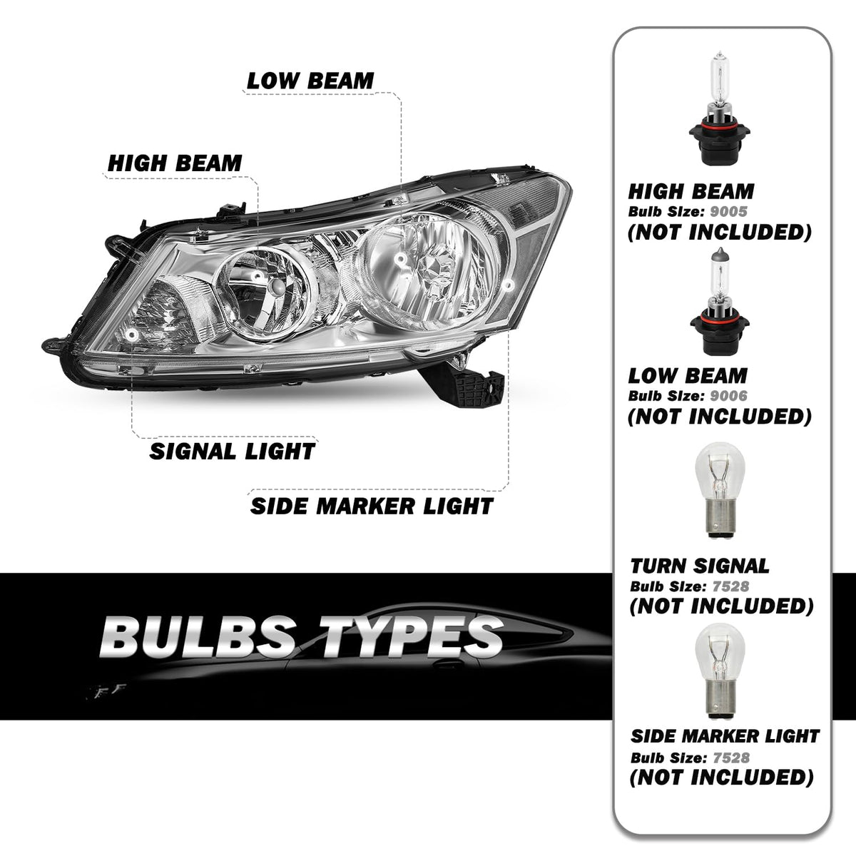 2008-2012 Honda Accord Sedan Chrome Clear Headlights Assembly W872