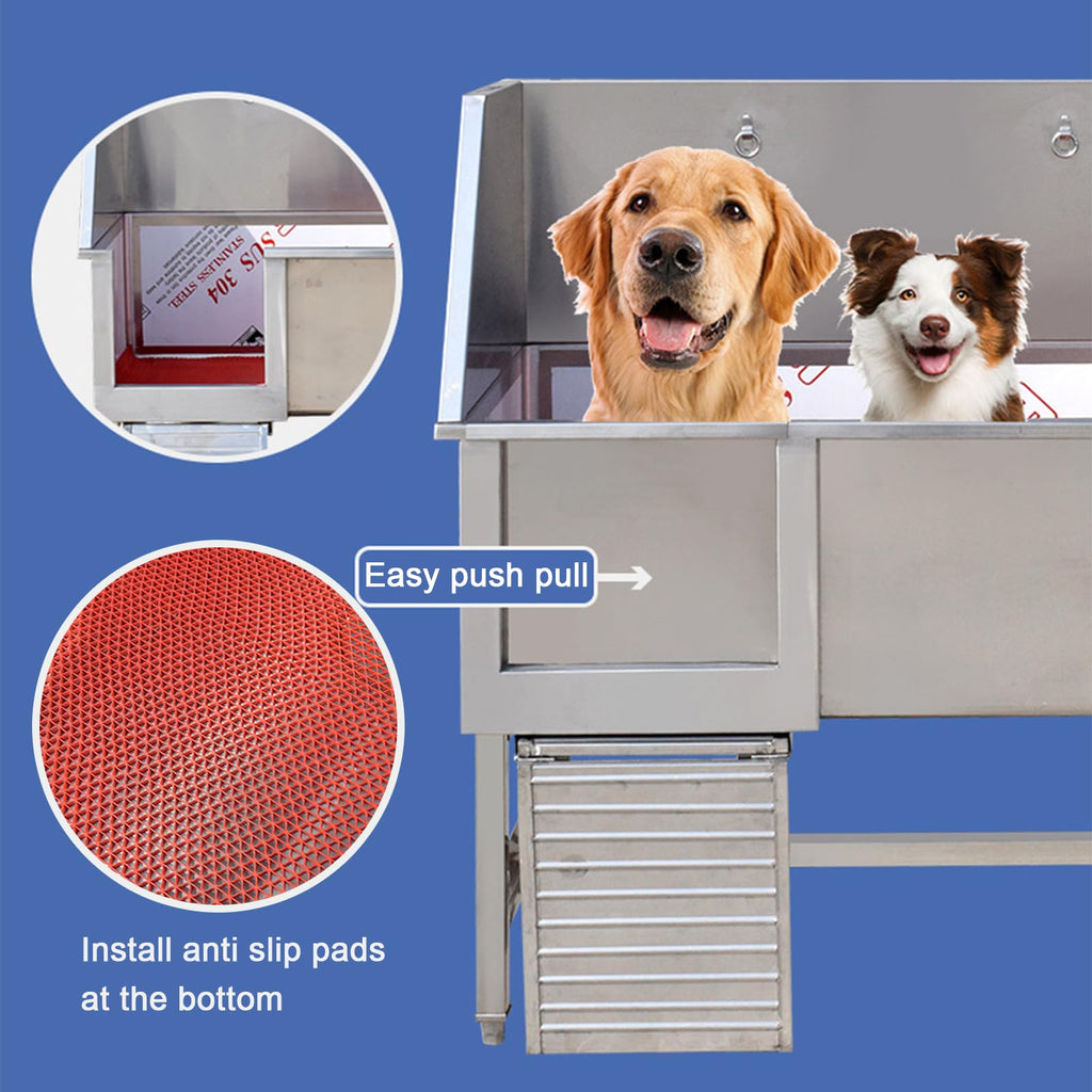 Stainless Steel Dog Grooming Station with Non-Slip Stairs & Sliding Door L966