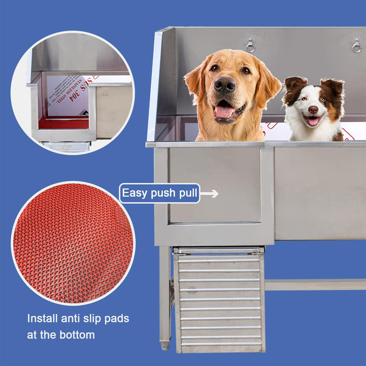 Stainless Steel Dog Grooming Station with Non-Slip Stairs & Sliding Door L966
