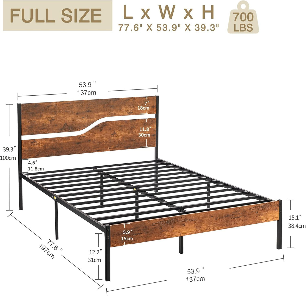 Full Size Metal Platform Bed with Wooden Headboard and Footboard W744088