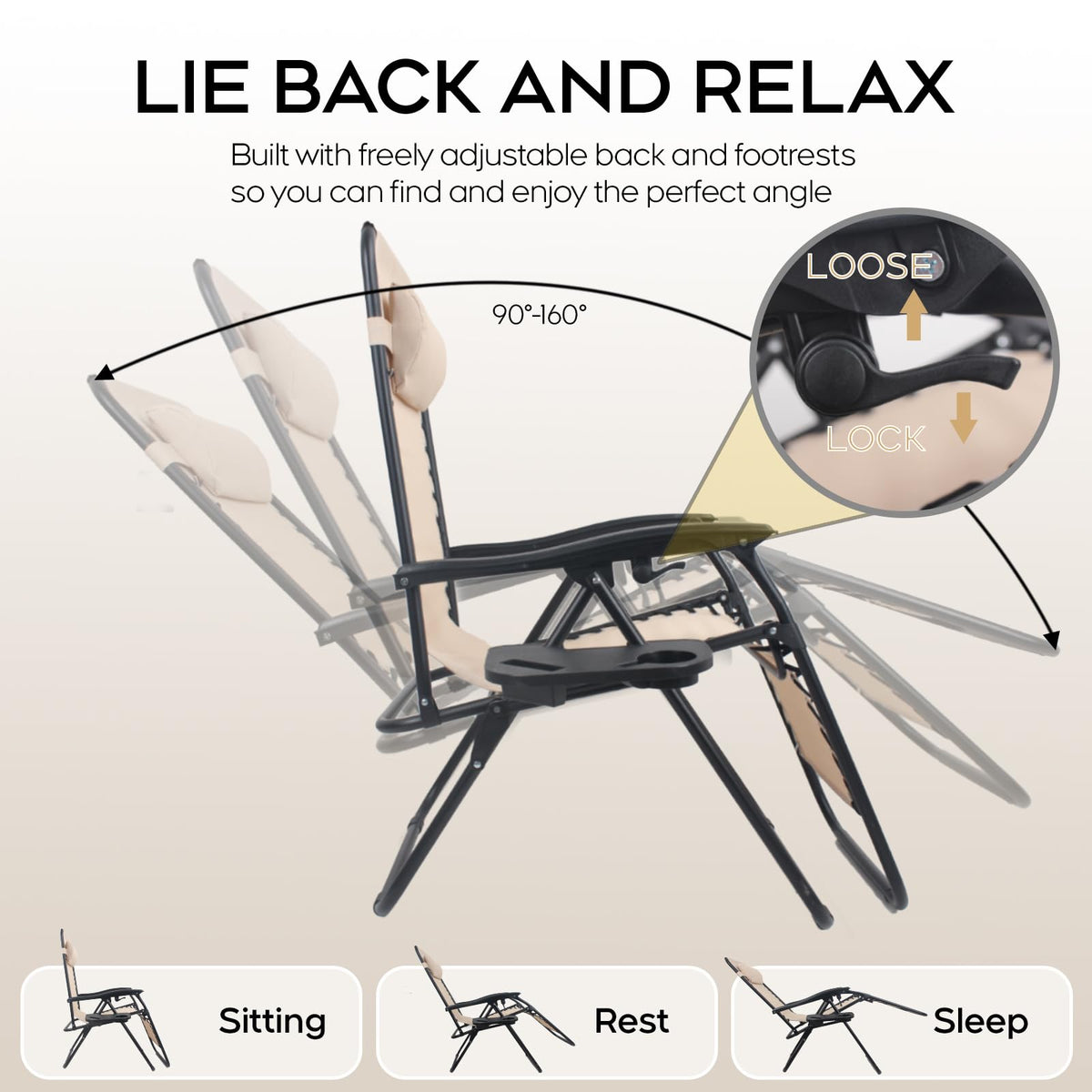 Set of 2 Adjustable Zero Gravity Lounge Chairs with Cup Holder Tray I761677