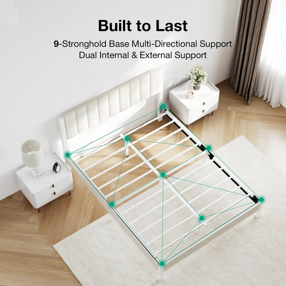 Full Size Metal Platform Bed Frame with Velvet White Headboard Y243710