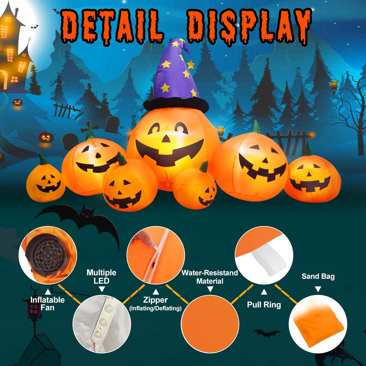 8 FT Inflatable Pumpkins and Witch Hat with Built-in LED Lights C5855