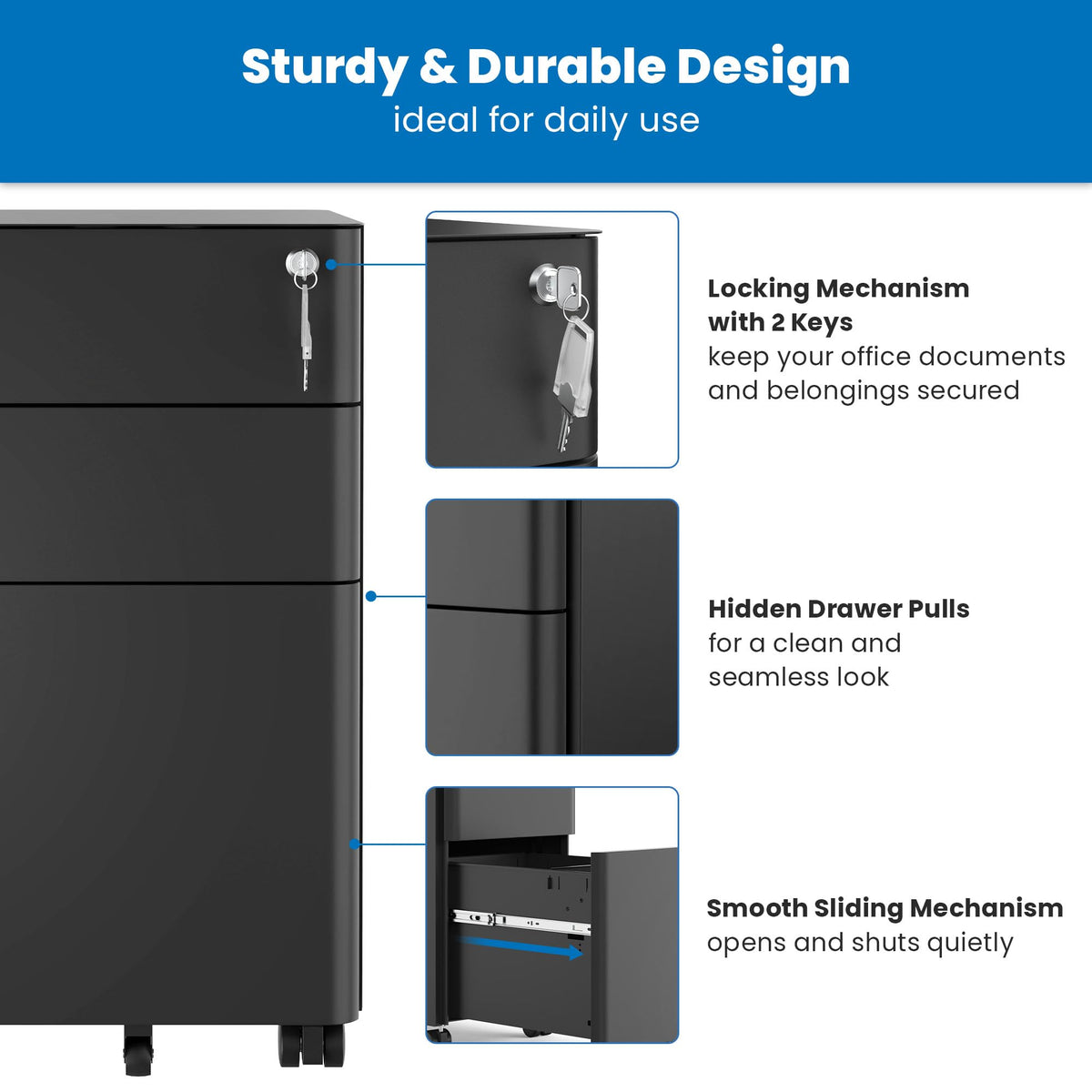 Black 3 Drawer Rolling File Cabinet with Lock M14393