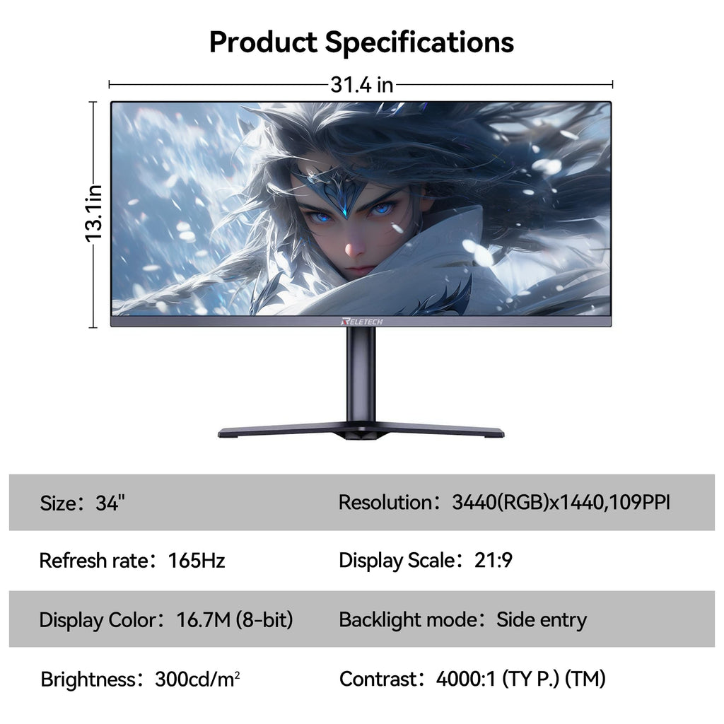 34 Inch Curved Ultrawide Gaming Monitor 21:9 WQHD 165Hz M2300