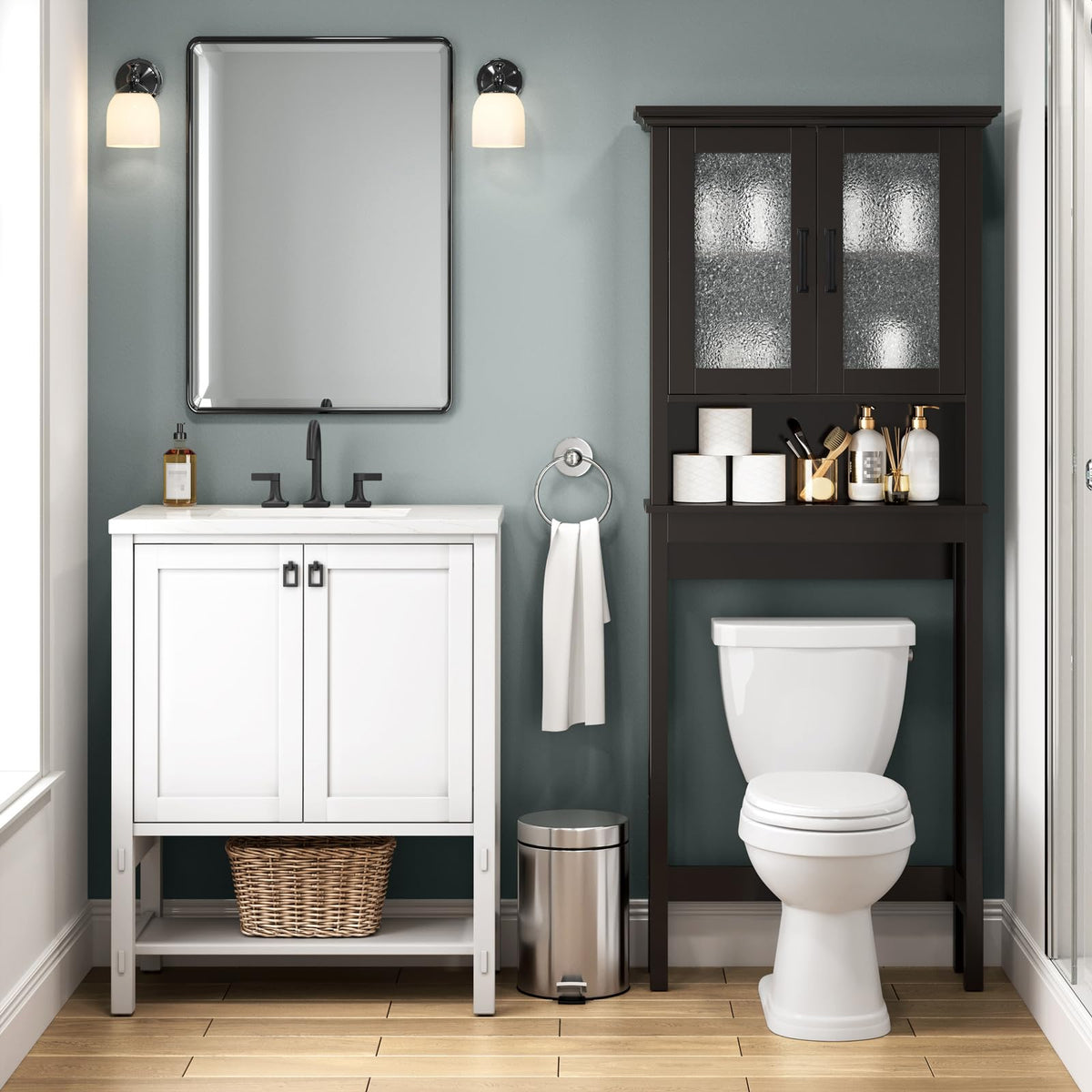 Over Toilet Storage Cabinet with Glass Doors and Adjustable Shelf M37783