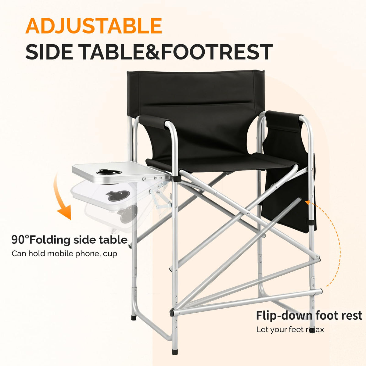 Black Foldable Makeup Chair with Side Table & Footrest A71783
