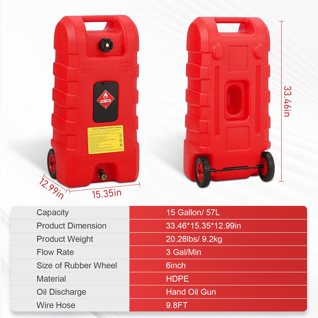 15 Gallon Wheeled Fuel Caddy with Manual Siphon Pump & 10FT Hose M625
