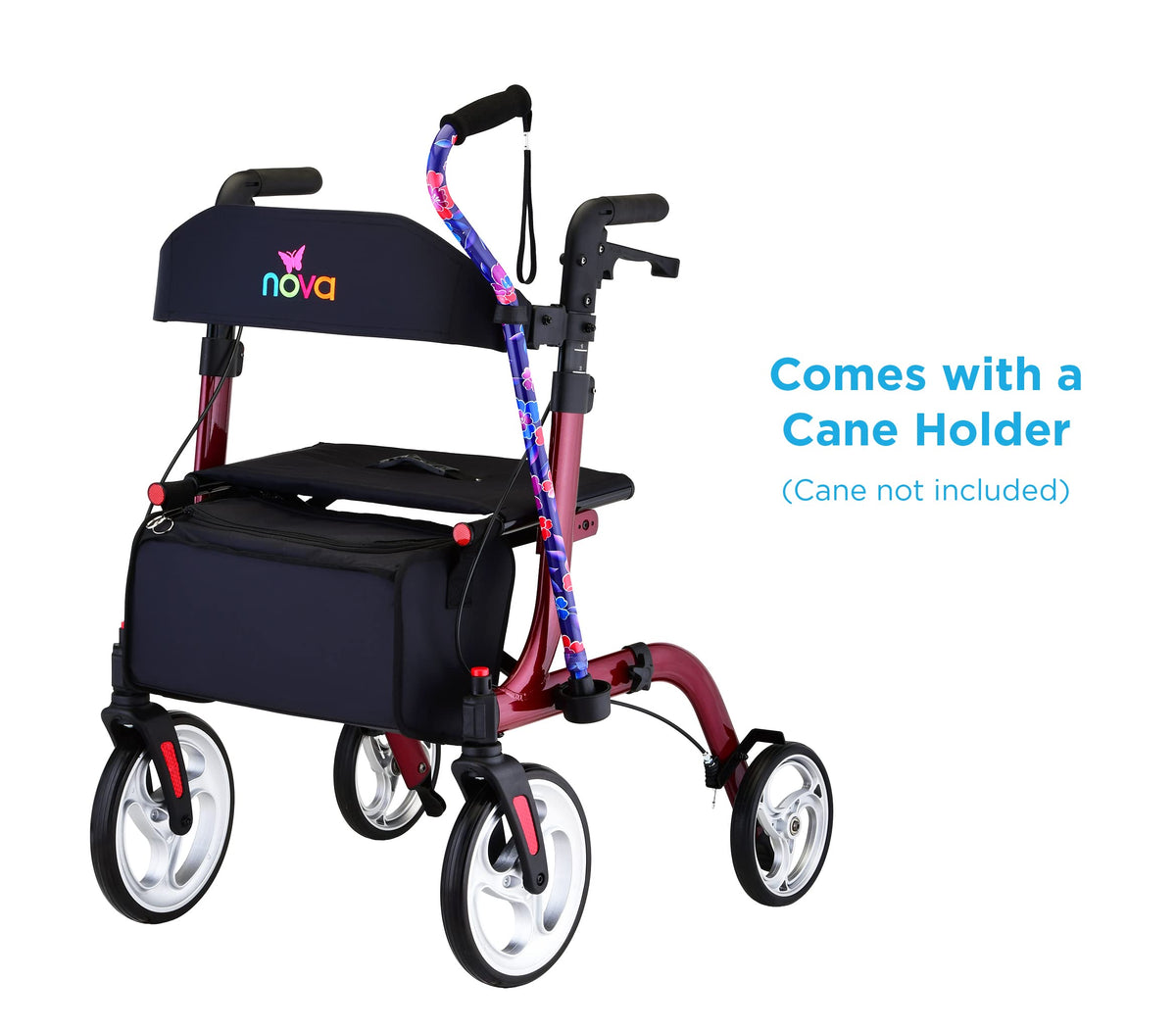 Red Compact Foldable Rollator Walker with Cane Holder B9375