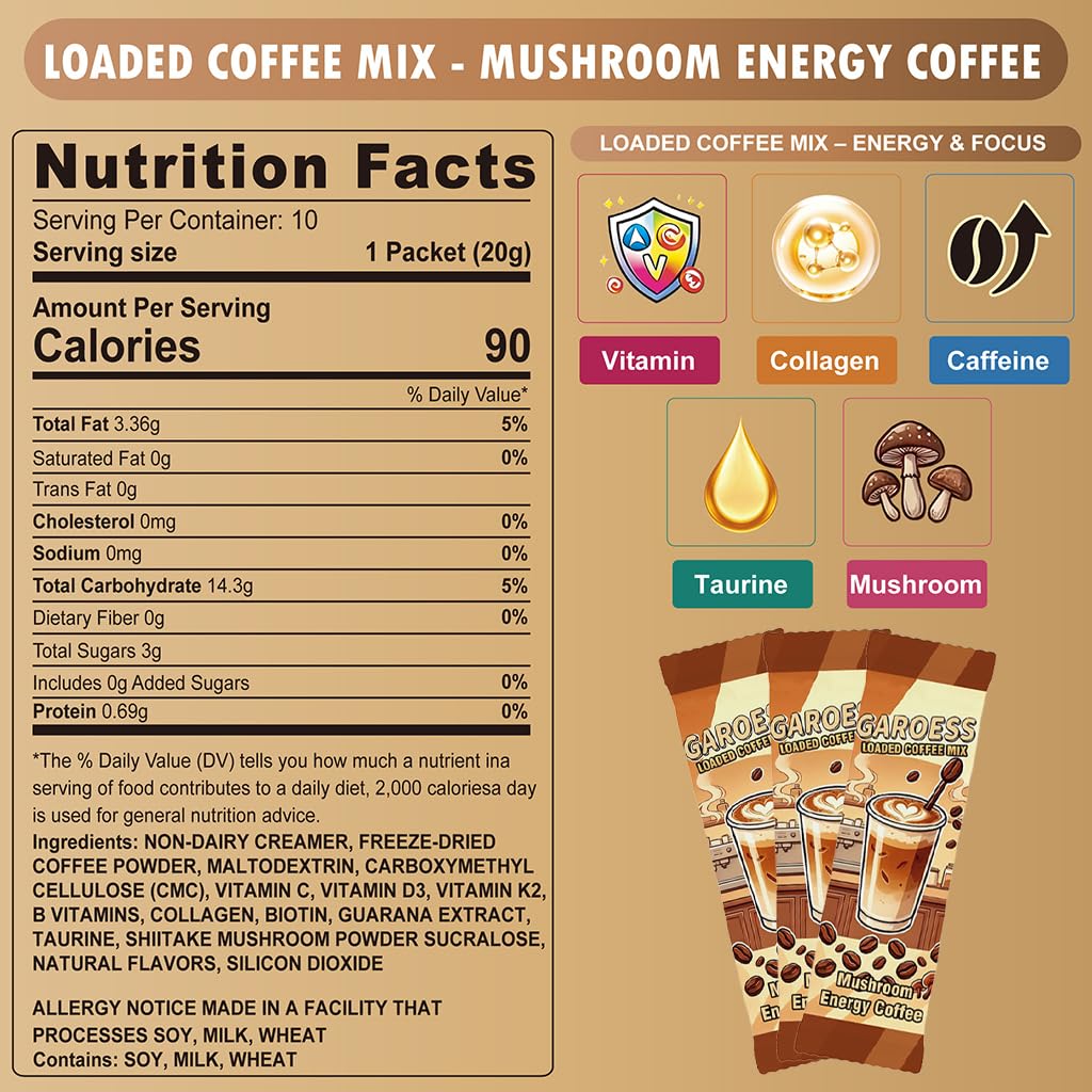 Coffee Mix with Mushroom Collagen Taurine and Vitamin Complex, 20 Servings 2 Pack E96240