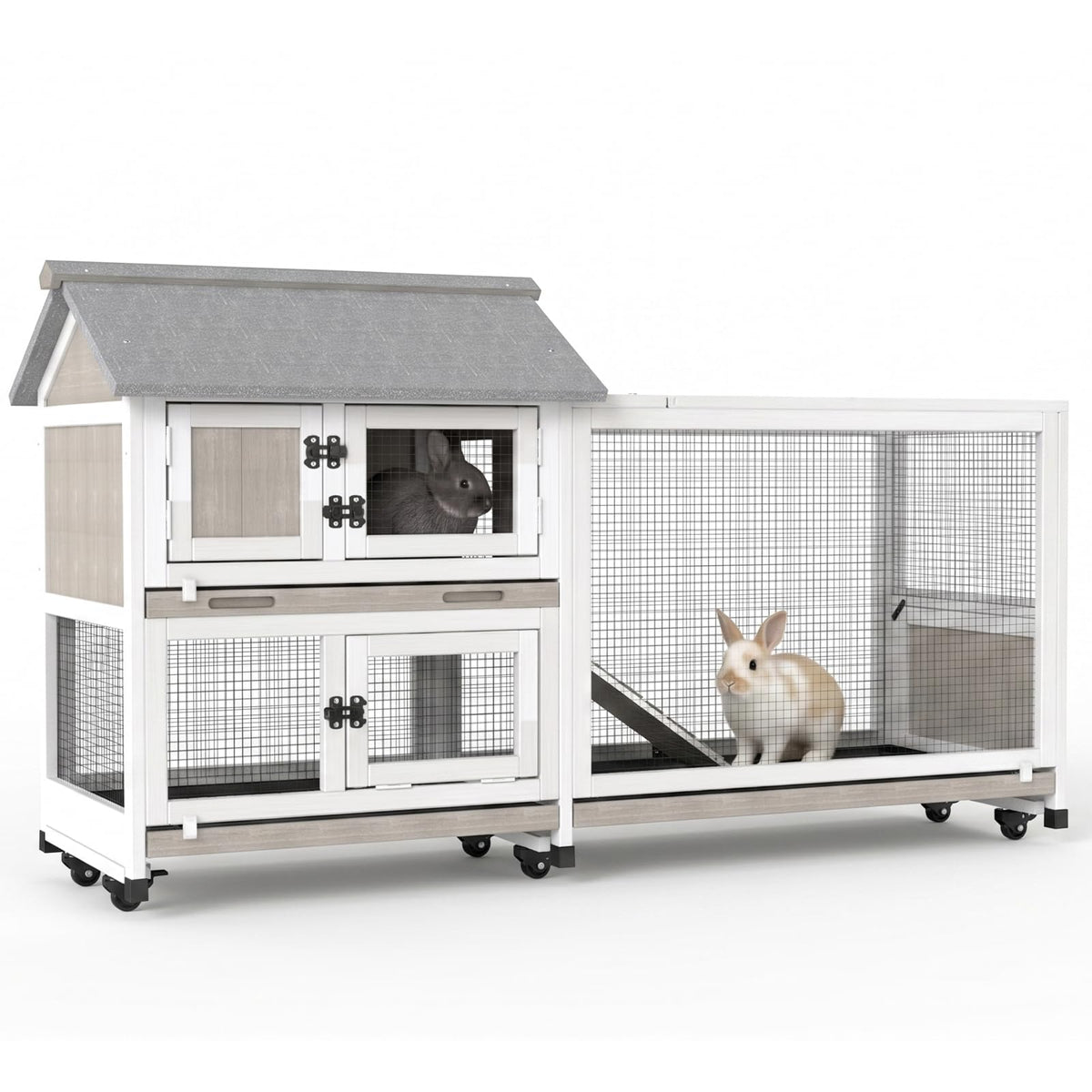 2-Story Wooden Rabbit Hutch with 3 Removable Trays F400273