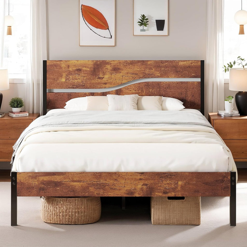 Full Size Metal Platform Bed with Wooden Headboard and Footboard W744088