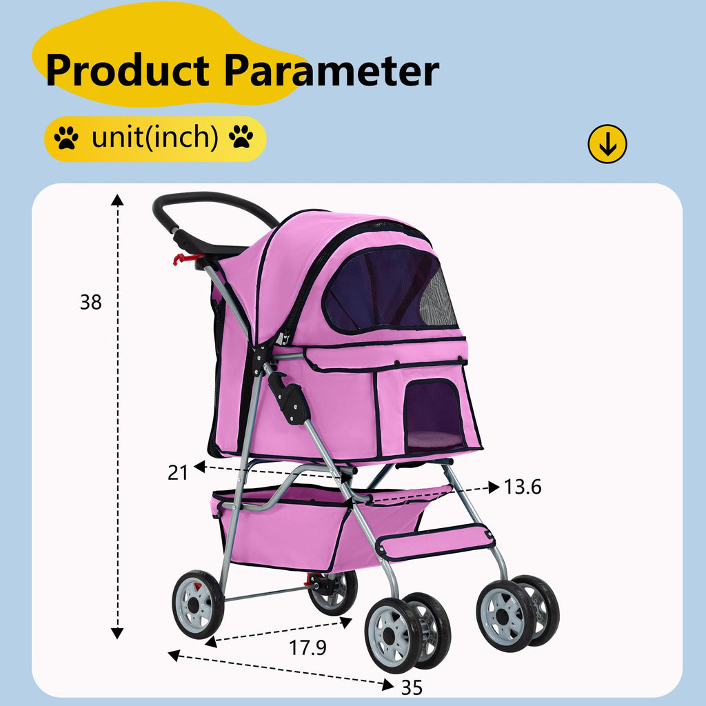 4-Wheel Foldable Pet Stroller Pink M7252