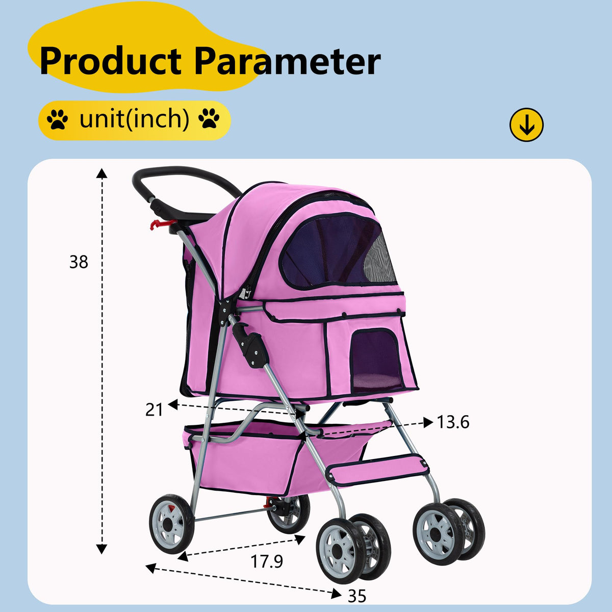 4-Wheel Foldable Pet Stroller Pink M7252