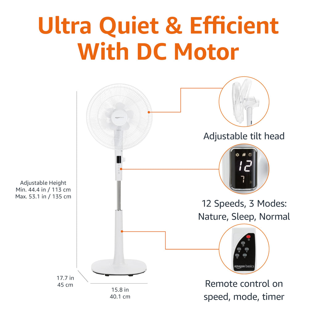 16-inch Quiet DC Motor Standing Floor Fan with Remote, White G28755