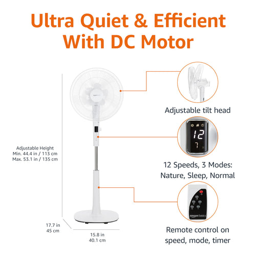 16-inch Quiet DC Motor Standing Floor Fan with Remote, White G28755