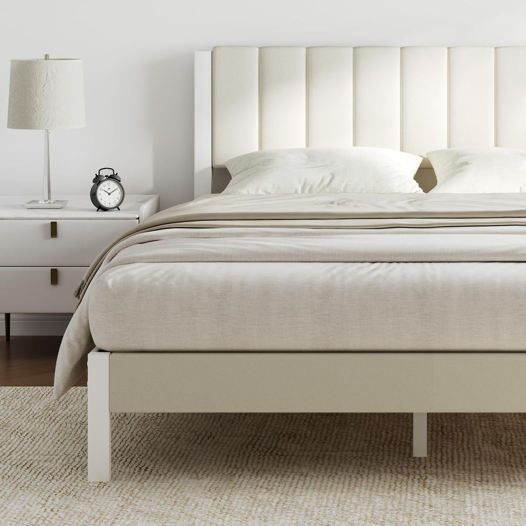 Full Size Metal Platform Bed Frame with Velvet White Headboard Y243710