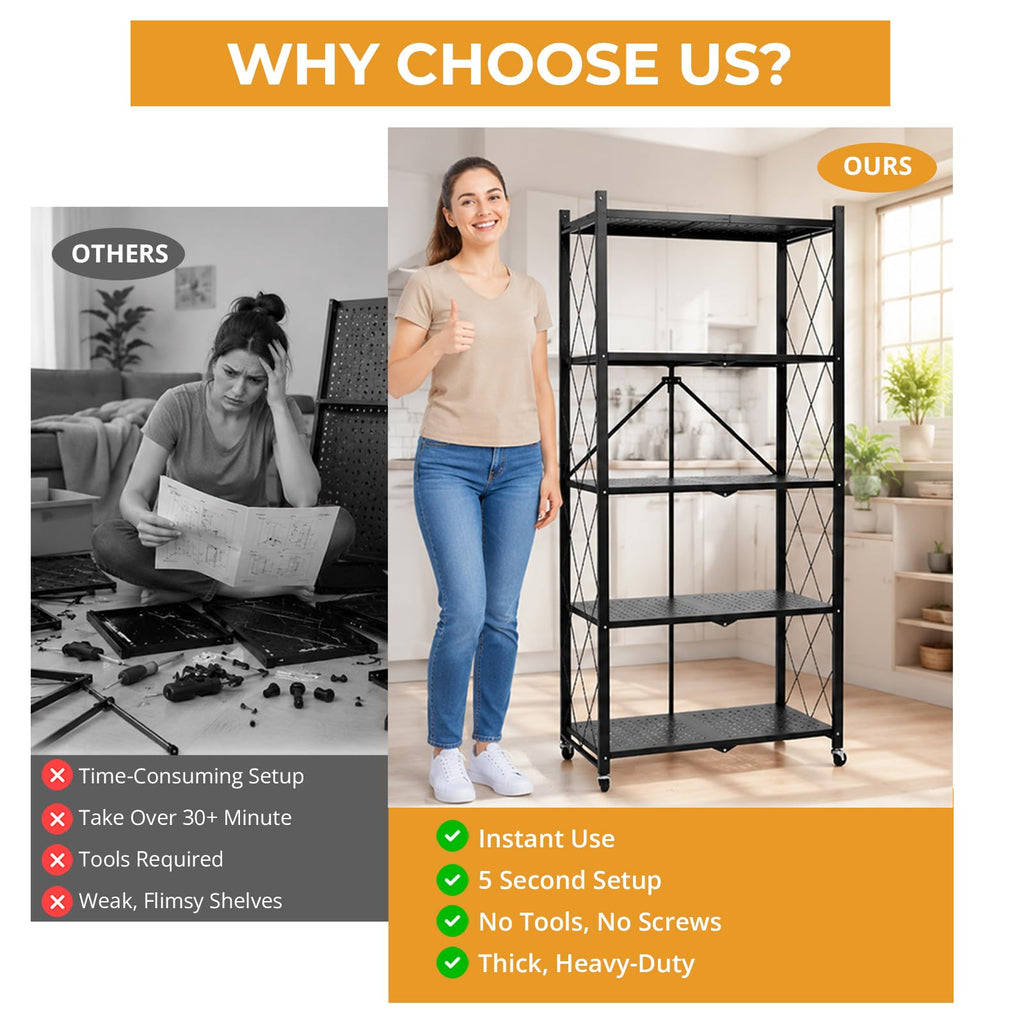 5 Tier Foldable Metal Storage Shelf with Wheels C81079