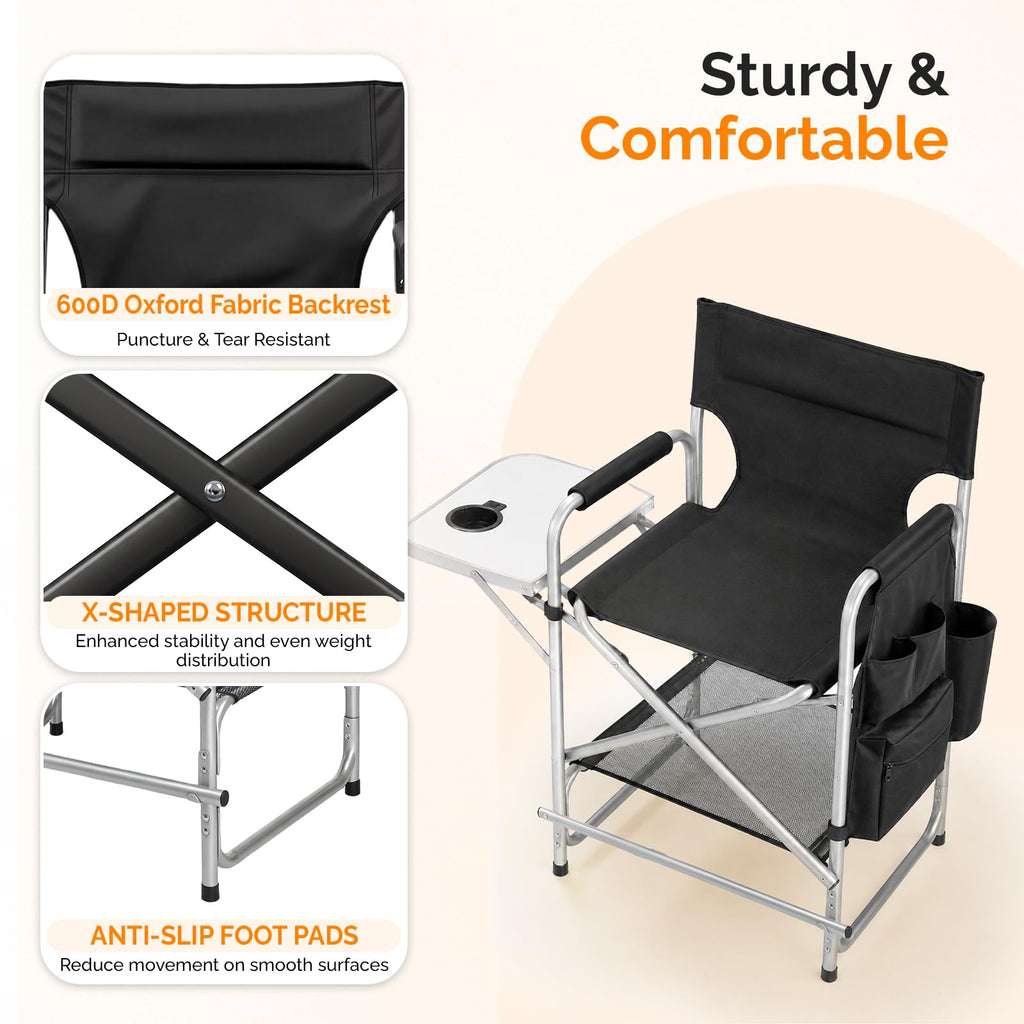 Black Foldable Makeup Chair with Side Table & Footrest A71783