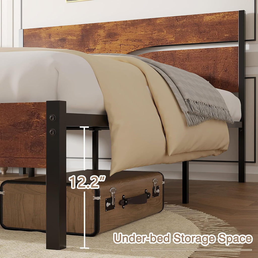 Full Size Metal Platform Bed with Wooden Headboard and Footboard W744088